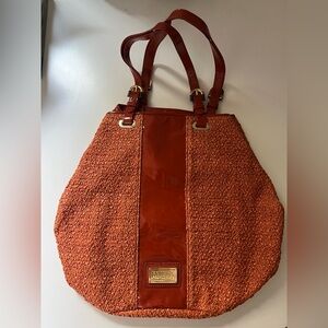 Badgley Mischka orange woven and leather satchel tote